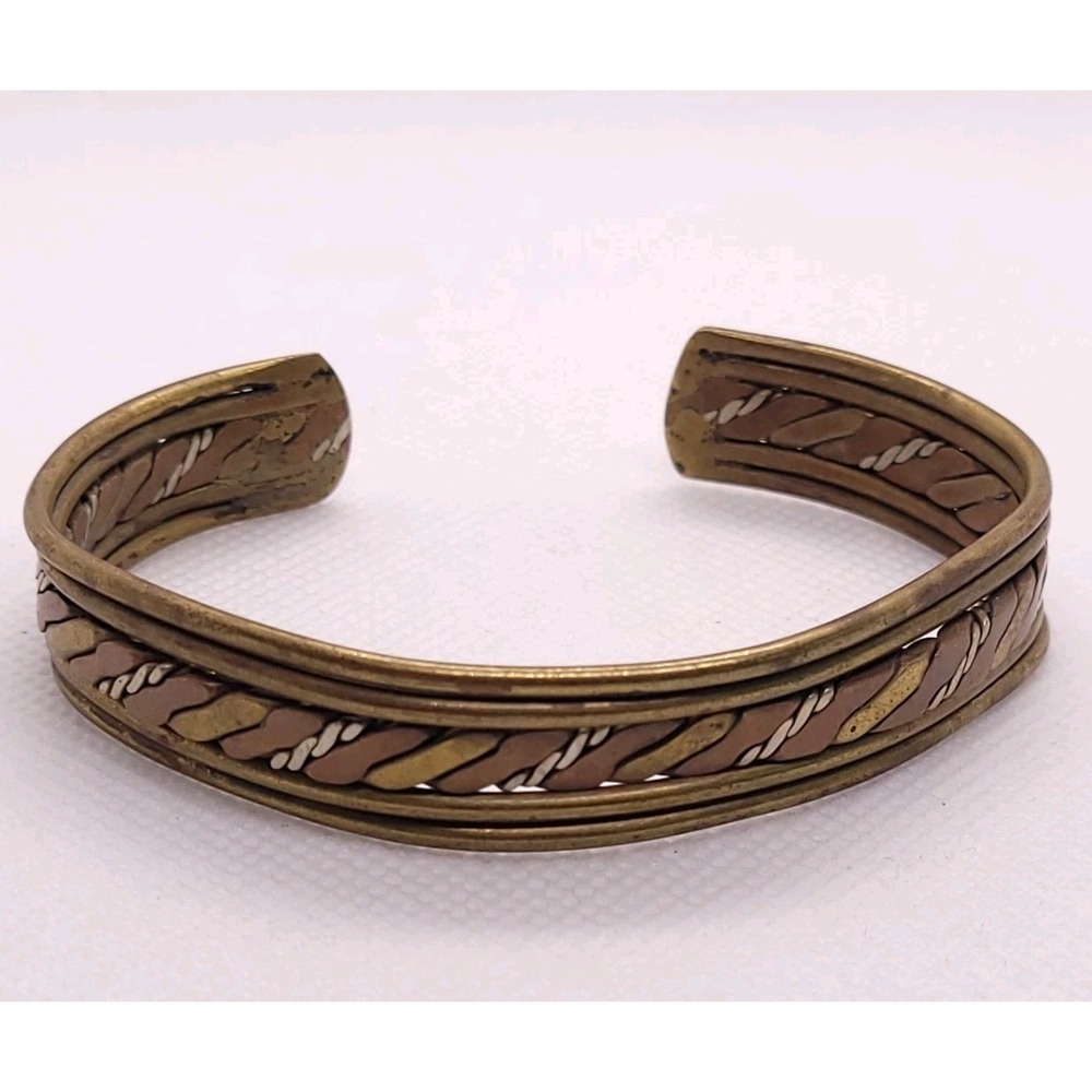 Vintage Mixed Metal Braided Cuff Bracelet Brass Copper Silver Tone 2.61"